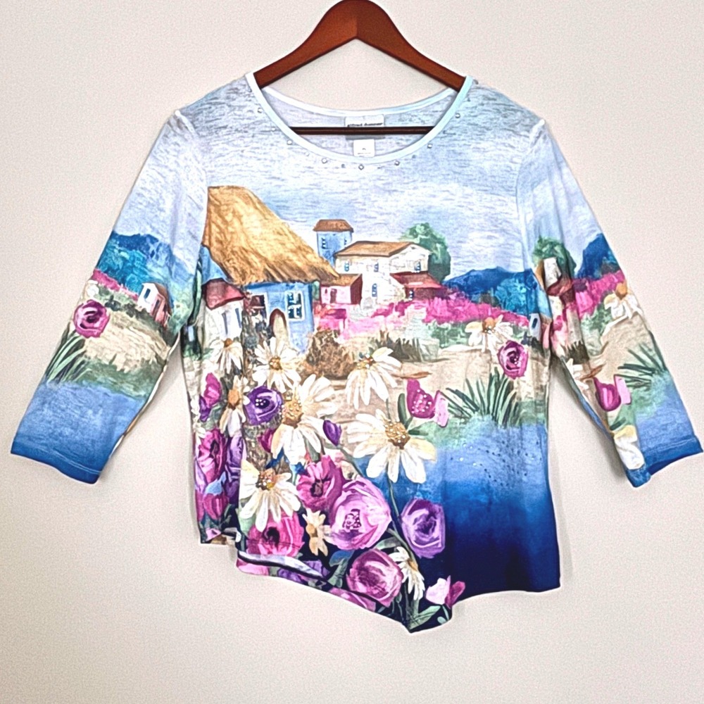 Alfred Dunner Painterly Village Artwear Top Petite PL Floral 3/4 Sleeve Cottage